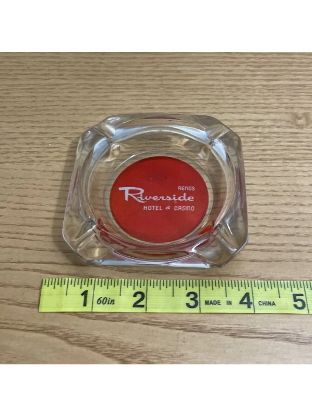 Vtg Reno Riverside Hotel Casino Clear Glass Ashtray Red Logo Former Hotel MCM